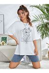 Floral Desen T-shirt - Beyaz Baskılı Oversize Bisiklet Yaka Kısa Kol Tişört