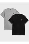 Kuş Minimal 2'li Çoklu Kombin T-shirt - Gri Siyah Baskılı Oversize Bisiklet Yaka