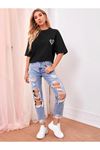 Siyah Kalp Baskılı T-shirt Unisex Oversize Unisex Rahat Kalıp