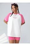 Los Angeles Parçalı Süprem T-Shirt - Pembe Beyaz Baskılı Oversize Bisiklet Yaka Kısa Kol Tişört