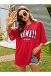 Hawaii T-shirt - Kırmızı Baskılı Oversize Bisiklet Yaka Kısa Kol Tişört