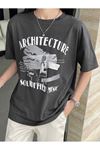 Architecture Süprem T-Shirt - Füme Baskılı Oversize Bisiklet Yaka Kısa Kol Tişört