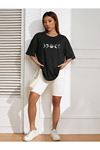 Moon Phase T-Shirt - Siyah Baskılı Oversize Bisiklet Yaka Kısa Kol