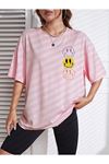 Emoji T-Shirt - Pembe Baskılı Oversize Bisiklet Yaka Kısa Kol