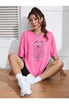 Floral Desen T-shirt - Pembe Baskılı Oversize Bisiklet Yaka Kısa Kol Tişört
