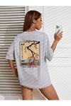 Flower Festival T-Shirt - Gri Baskılı Oversize Bisiklet Yaka Kısa Kol