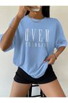 Over Thinking T-shirt - Bebe Mavisi Baskılı Oversize Bisiklet Yaka Kısa Kol Tişört
