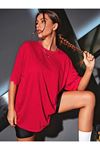 Unisex Kırmızı Pamuklu Oversize T-shirt - Bisiklet Yaka
