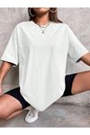 Düz Basic T-Shirt -Beyaz Oversize Bisiklet Yaka Kısa Kol