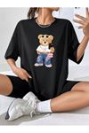 Colorful Bear Süprem T-Shirt - Siyah Baskılı Oversize Bisiklet Yaka Kısa Kol Tişört