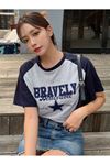 Bravely Parçalı Süprem T-Shirt - Lacivert Gri Baskılı Oversize Bisiklet Yaka Kısa Kol Tişört