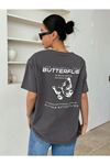 Füme Oversize Butterflies T-shirt - Oversize Baskılı