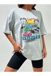 California Arabalar T-shirt - Gri Baskılı Oversize Bisiklet Yaka Kısa Kol Tişört
