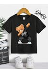 Cool Ayı Pamuklu Çocuk T-Shirt- Siyah Baskılı Kız Erkek Çocuk Yazlık Bisiklet Yaka Tişört