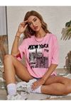 New York 1931 T-shirt - Pembe Oversize Baskılı Bisiklet Yaka