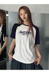 Simplicity Parçalı Süprem T-Shirt - Beyaz Lacivert Baskılı Oversize Bisiklet Yaka Kısa Kol Tişört
