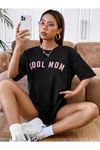 Cool Mom T-shirt - Siyah Baskılı Oversize Bisiklet Yaka Kısa Kol Tişört