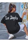 Los Angeles Sırt T-shirt - Siyah Oversize Baskılı Bisiklet Yaka