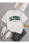 California Wc T-Shirt - Beyaz Baskılı Oversize Bisiklet Yaka Kısa Kol