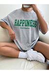 Gri Oversize Happıness Baskılı T-shirt - Oversize Unisex
