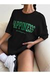Siyah Oversize Happıness Baskılı T-shirt - Oversize Unisex