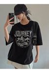 Journey Süprem T-shirt - Siyah Baskılı Oversize Bisiklet Yaka Kısa Kol Tişört