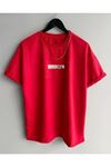 Brooklyn Minimal Yazı T-Shirt - Kırmızı Baskılı Oversize Bisiklet Yaka Kısa Kol