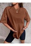 Düz Basic T-Shirt - Kahverengi Oversize Bisiklet Yaka Kısa Kol