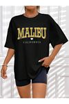 Malibu Kalp T-Shirt - Siyah Baskılı Oversize Bisiklet Yaka Kısa Kol
