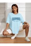 California Letter T-shirt - Bebe Mavisi Baskılı Oversize Bisiklet Yaka Kısa Kol Tişört