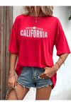 Us California T-Shirt - Kırmızı Baskılı Oversize Bisiklet Yaka Kısa Kol