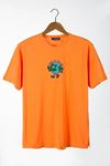 Dünya T-shirt - Turuncu Baskılı Oversize Bisiklet Yaka Kısa Kol Tişört