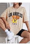 Basketball Bear T-Shirt - Bej Baskılı Oversize Bisiklet Yaka Kısa Kol