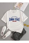 Good Time T-Shirt - Beyaz Baskılı Oversize Bisiklet Yaka Kısa Kol