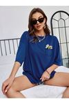 Cep Detay Baskılı T-Shirt - Sax Mavi Oversize Bisiklet Yaka Kısa Kol