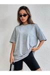 Düz Basic T-Shirt - Gri Oversize Bisiklet Yaka Kısa Kol