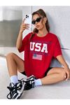 Usa Flag T-shirt - Kırmızı Oversize Baskılı Bisiklet Yaka
