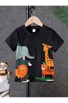 Hayvanlar Pamuklu Çocuk T-Shirt- Siyah Baskılı Kız Erkek Çocuk Yazlık Bisiklet Yaka Tişört