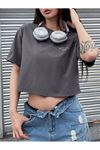 Modern Universal Crop - Füme Baskılı Oversize Bisiklet Yaka