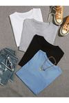 Düz Basic 4'lü Çoklu Kombin T-shirt - Siyah Gri Beyaz Ve Bebe Mavisi Oversize Bisiklet Yaka