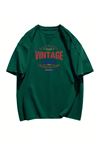 Vintage College T-Shirt - Yeşil Baskılı Oversize Bisiklet Yaka Kısa Kol