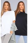 2'li Paket Düz Oversize T-shirt - Siyah Beyaz Oversize Bisiklet Yaka