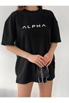 Unisex Siyah Pamuklu Oversize T-shirt Alpha Baskılı
