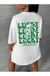 Lucky Süprem T-Shirt - Beyaz Baskılı Oversize Bisiklet Yaka Kısa Kol Tişört