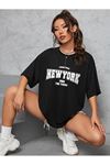 Newyork 1968 Young Süprem T-Shirt - Siyah Baskılı Oversize Bisiklet Yaka Kısa Kol Tişört