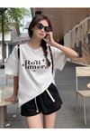 Roll Inner T-Shirt - Beyaz Oversize Baskılı Bisiklet Yaka