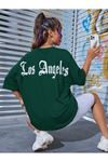 Los Angeles Sırt T-shirt - Yeşil Oversize Baskılı Bisiklet Yaka