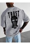 Trust Mast Süprem T-Shirt - Gri Baskılı Oversize Bisiklet Yaka Kısa Kol Tişört
