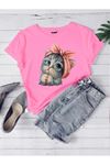 Oversize Pembe Sevimli Minik Kedi Baskılı T-shirt Unisex Rahat Kalıp