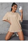 Basic Düz T-Shirt - Bej Oversize Bisiklet Yaka Kısa Kol